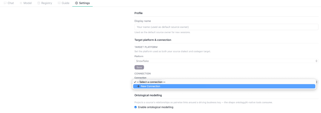 2 - Blank settings page select connection
